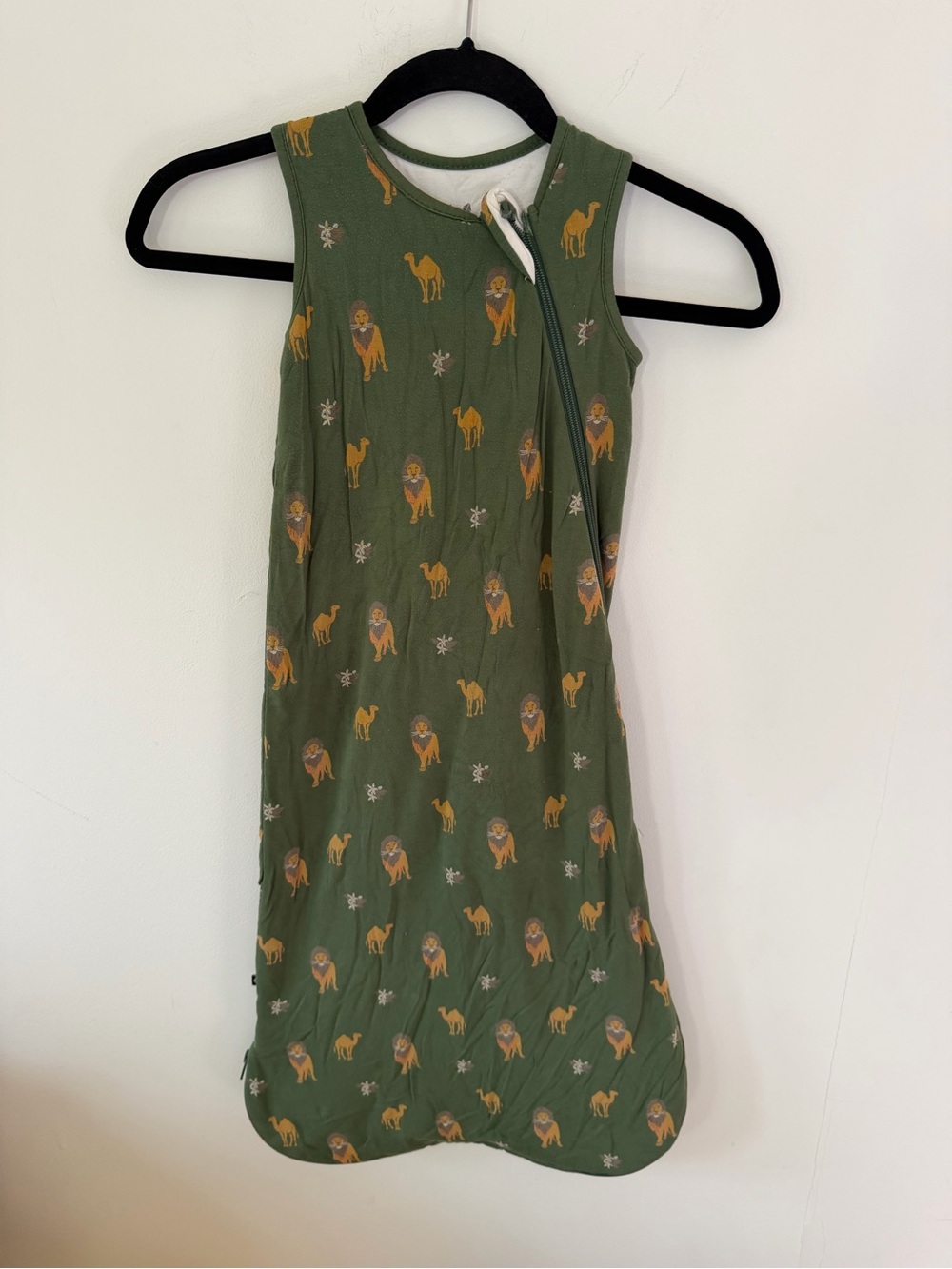 Kyte BABY Olive Green Sleeveless Sleep Sack with Mustard Animal Print
